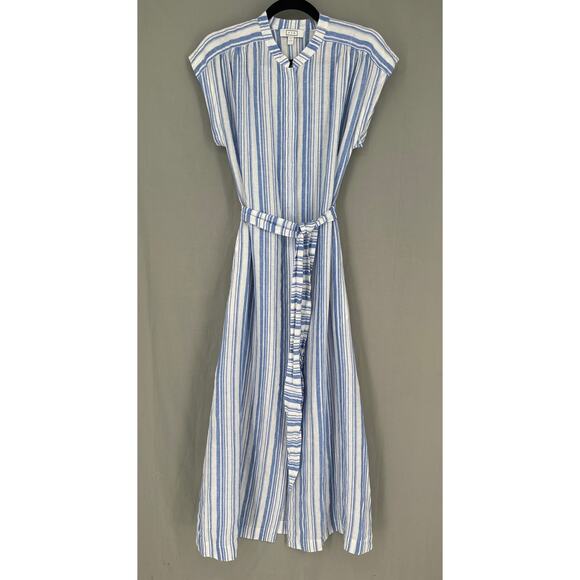 AYR Dress Womens XS Blue Striped Maxi Linen Button Tie Front Pockets Coastal - Picture 1 of 8